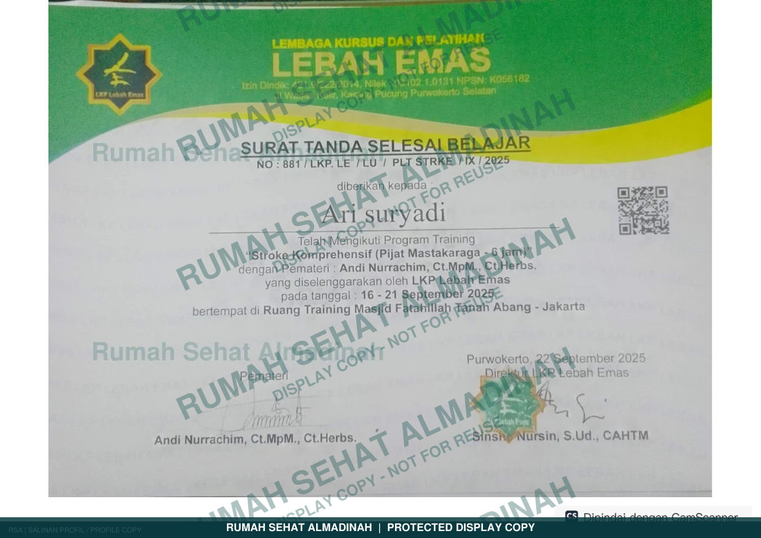 Ari Suryadi — Sertifikat Pijat Mastakaraga