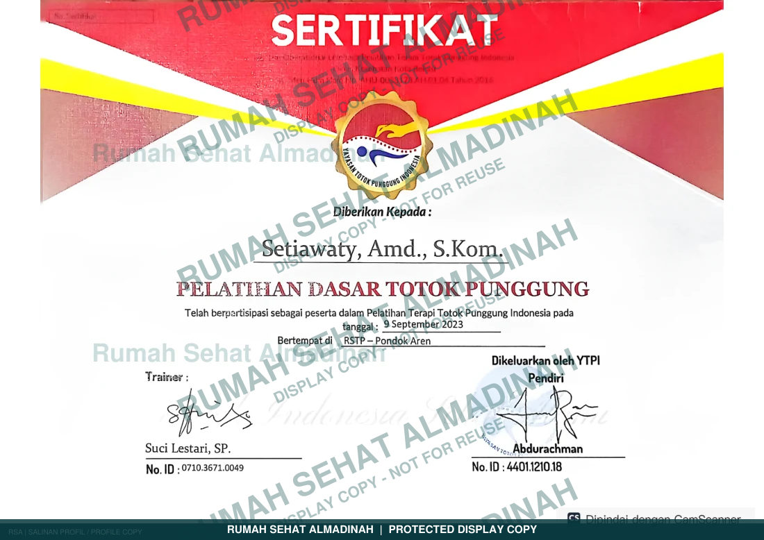 Setiawaty — Sertifikat Pelatihan Dasar Totok Punggung