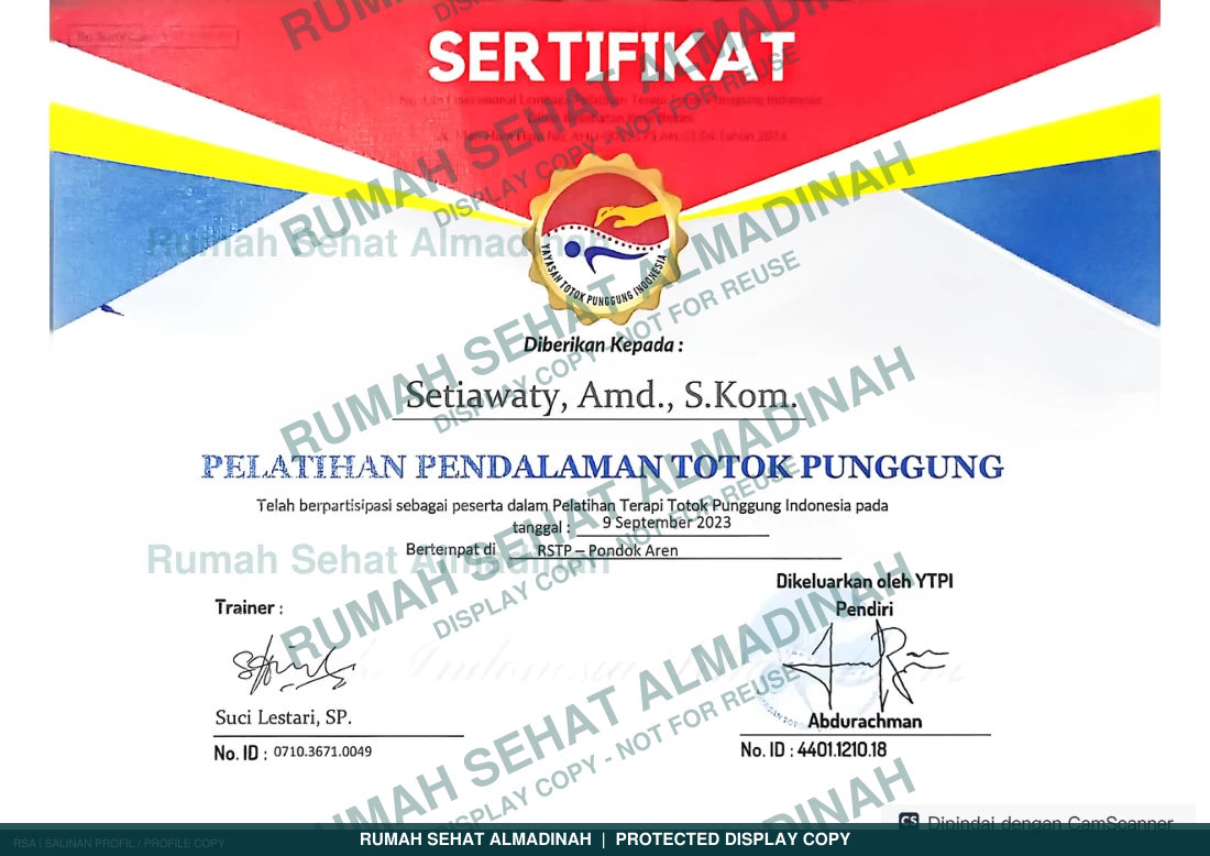 Setiawaty — Sertifikat Pelatihan Pendalaman Totok Punggung