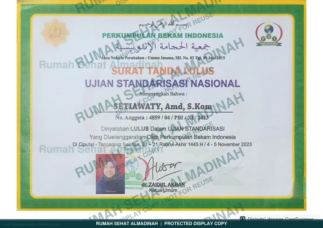 Setiawaty — Surat Tanda Lulus Ujian Standarisasi Nasional Bekam PBI