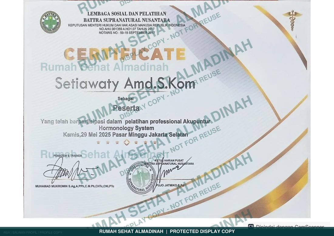 Setiawaty — Sertifikat Pelatihan Professional Akupuntur Hormonology