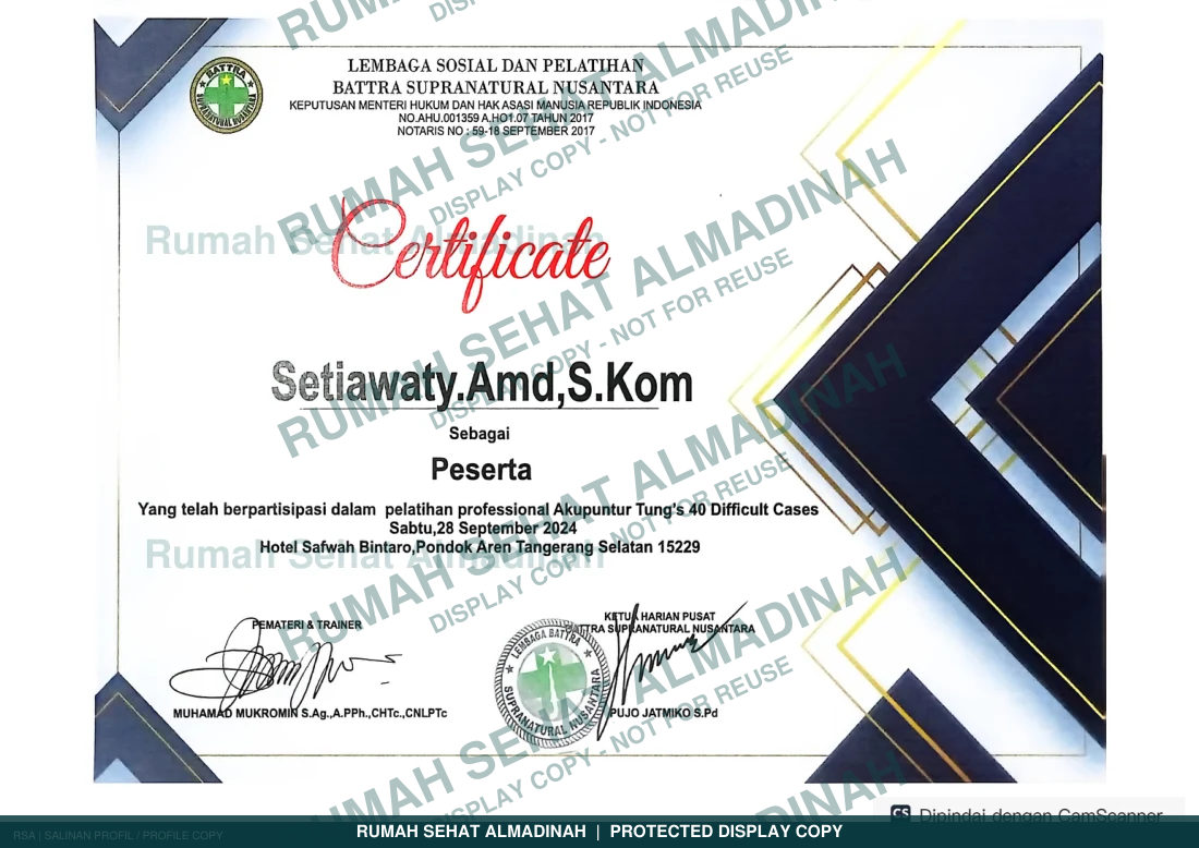 Setiawaty — Sertifikat Pelatihan Professional Akupuntur Tung's 40 Difficult