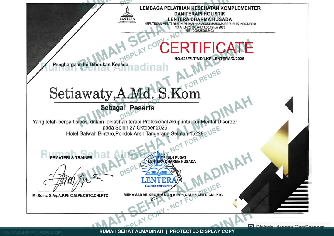 Setiawaty — Sertifikat Terapi Professional Akupuntur for Mental Disorder