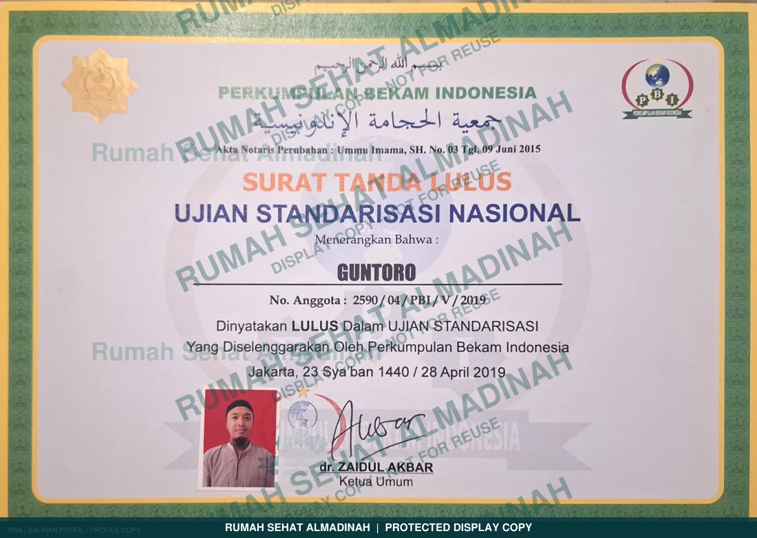 Guntoro — Sertifikat Ujian Standarisasi Bekam