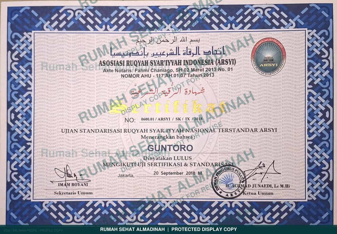Guntoro — Sertifikasi Ujian Ust.Ruqiyah Syariyyah