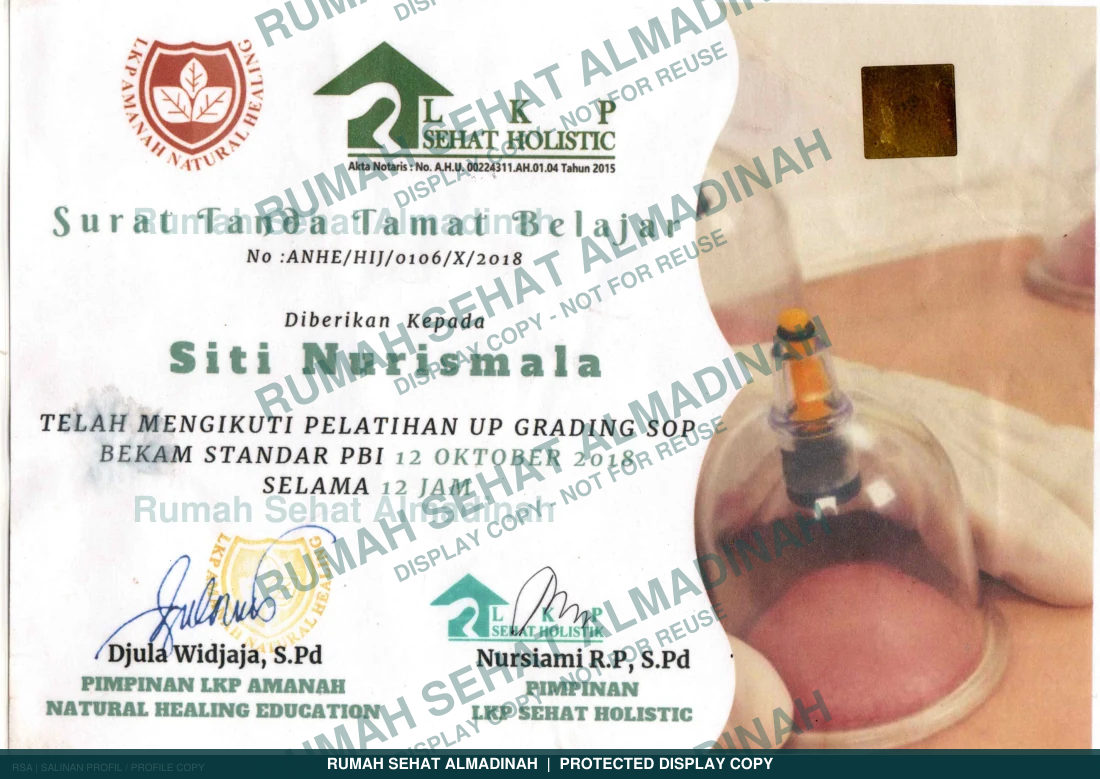 Siti Nurismala — Sertifikat LKP SOP Bekam Standar PBI