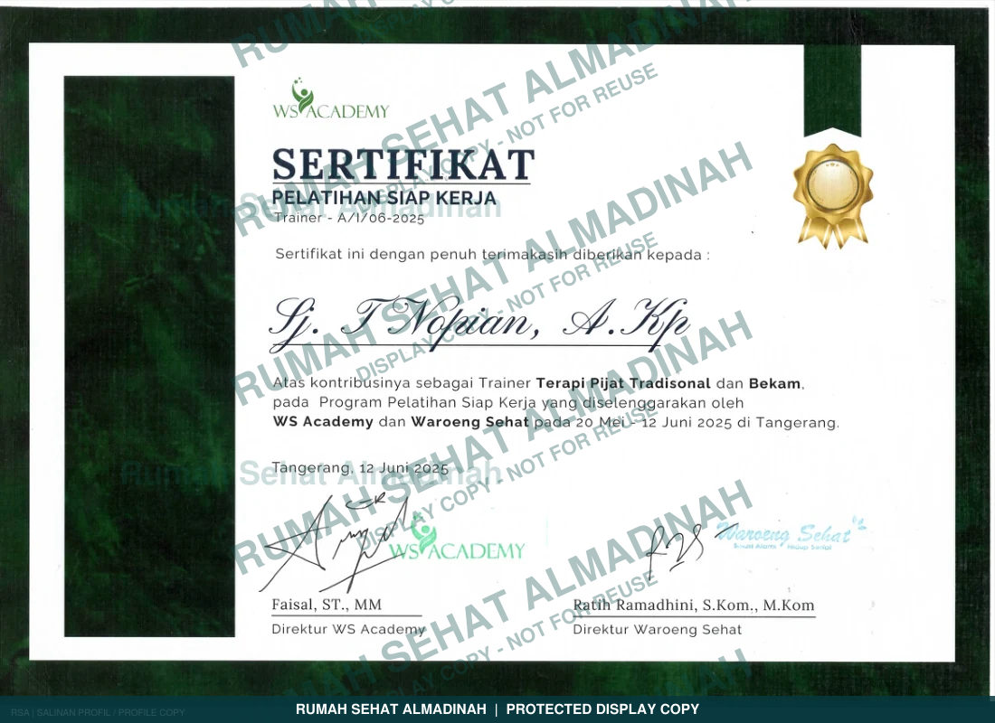 Nopian Adigoena — Sertifikat Pijat Tradisional & Bekam