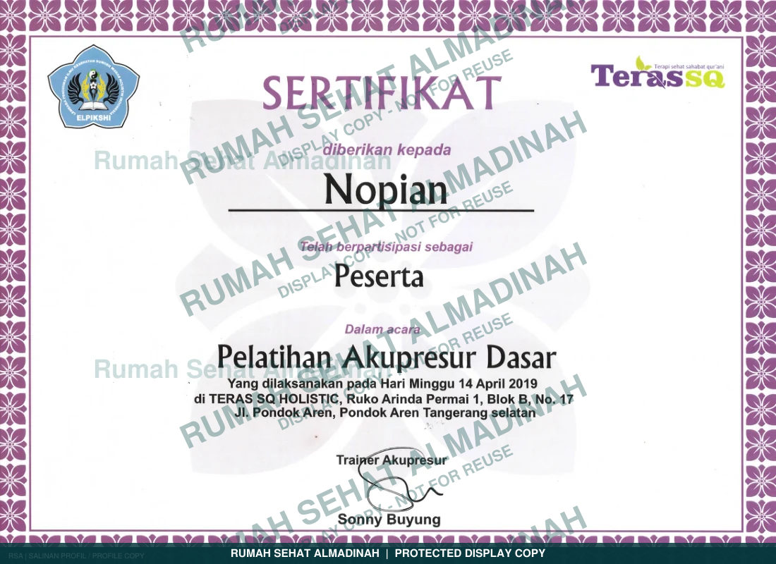 Nopian Adigoena — Pelatihan Akupresur Dasar — 2019