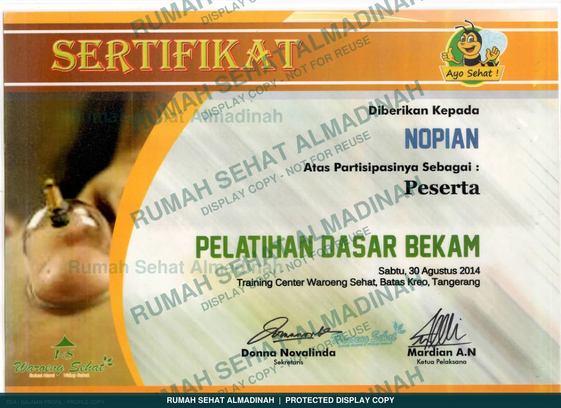 Nopian Adigoena — Sertifikat Pelatihan Dasar Bekam