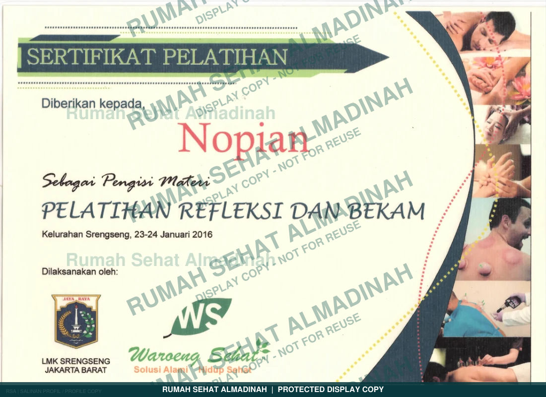 Nopian Adigoena — Sertifikat Pelatihan Refleksi & Bekam