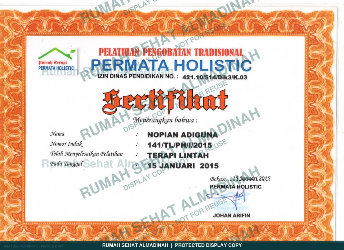 Nopian Adigoena — Sertifikat Terapi Lintah