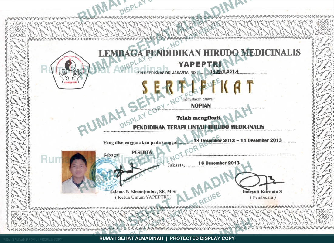 Nopian Adigoena — Sertifikat Terapi Lintah Hiduro Medicinalis
