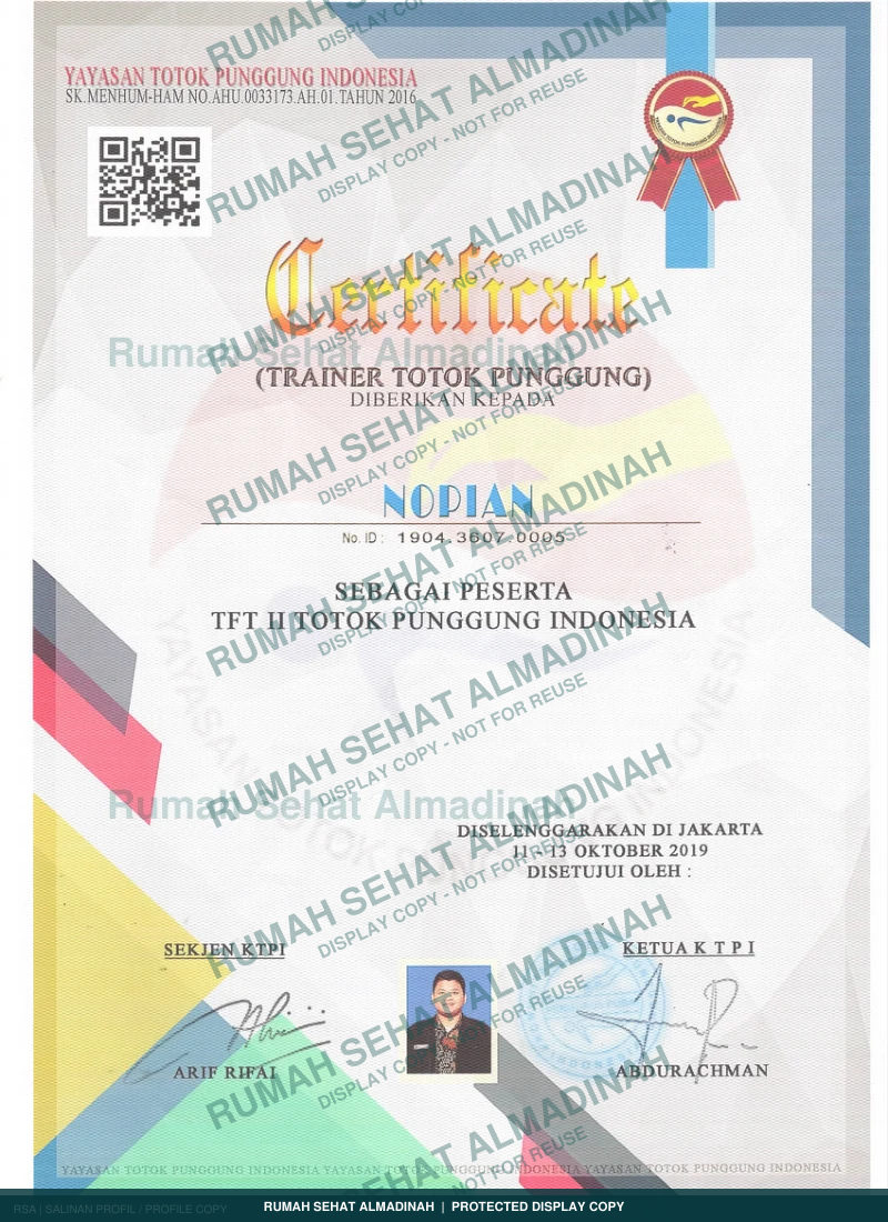 Nopian Adigoena — Sertifikat Trainer Totok Punggung