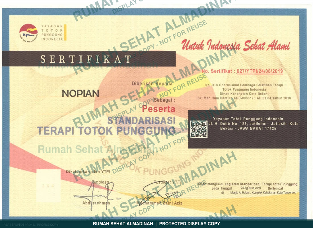 Nopian Adigoena — Sertifikat Standarisasi Terapi Totok Punggung