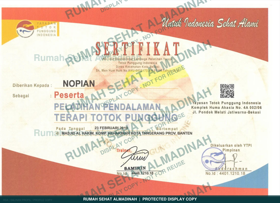Nopian Adigoena — Sertifikat Pelatihan Pendalaman Terapi Totok Punggung