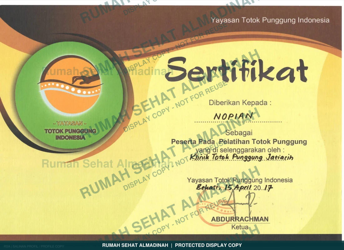 Nopian Adigoena — Sertifikat Pelatihan Totok Punggung