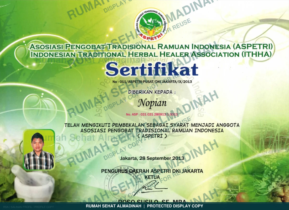 Nopian Adigoena — Sertifikat Pengobat Tradisional Ramuan Indonesia