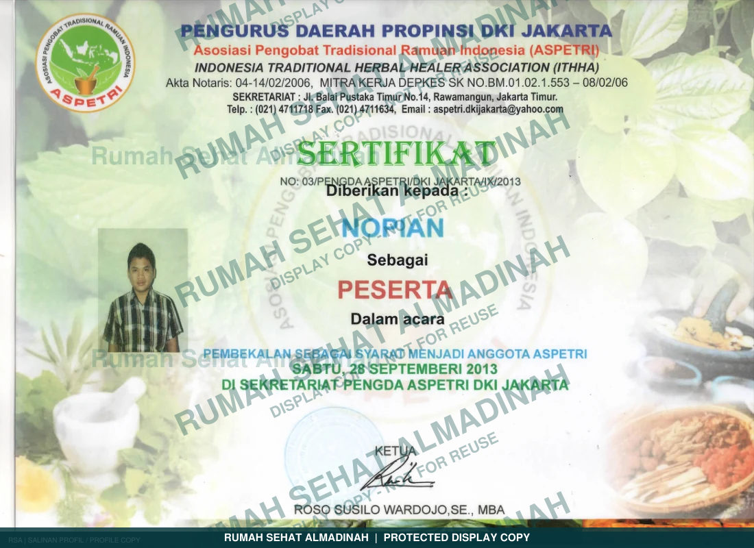 Nopian Adigoena — Sertifikat Anggota Pengobatan Herbal
