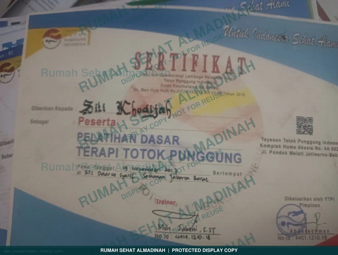 Siti Khodijah — Sertifikat Pelatihan Dasar Totok Punggung