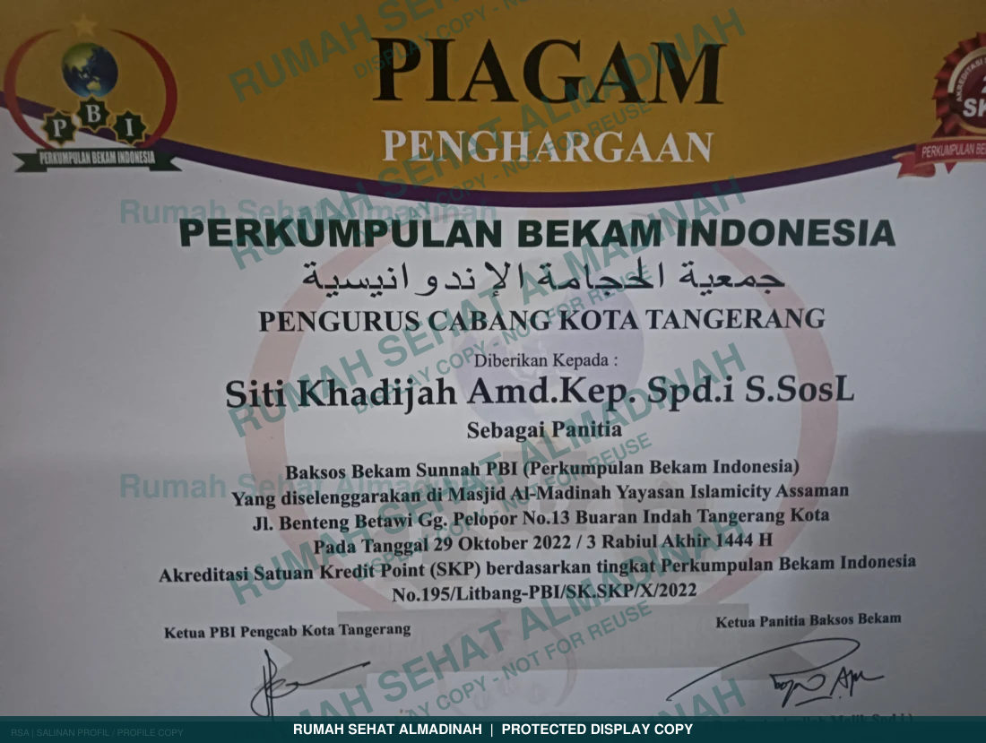 Siti Khodijah — Piagam Penghargaan Baksos Bekam Sunnah PBI