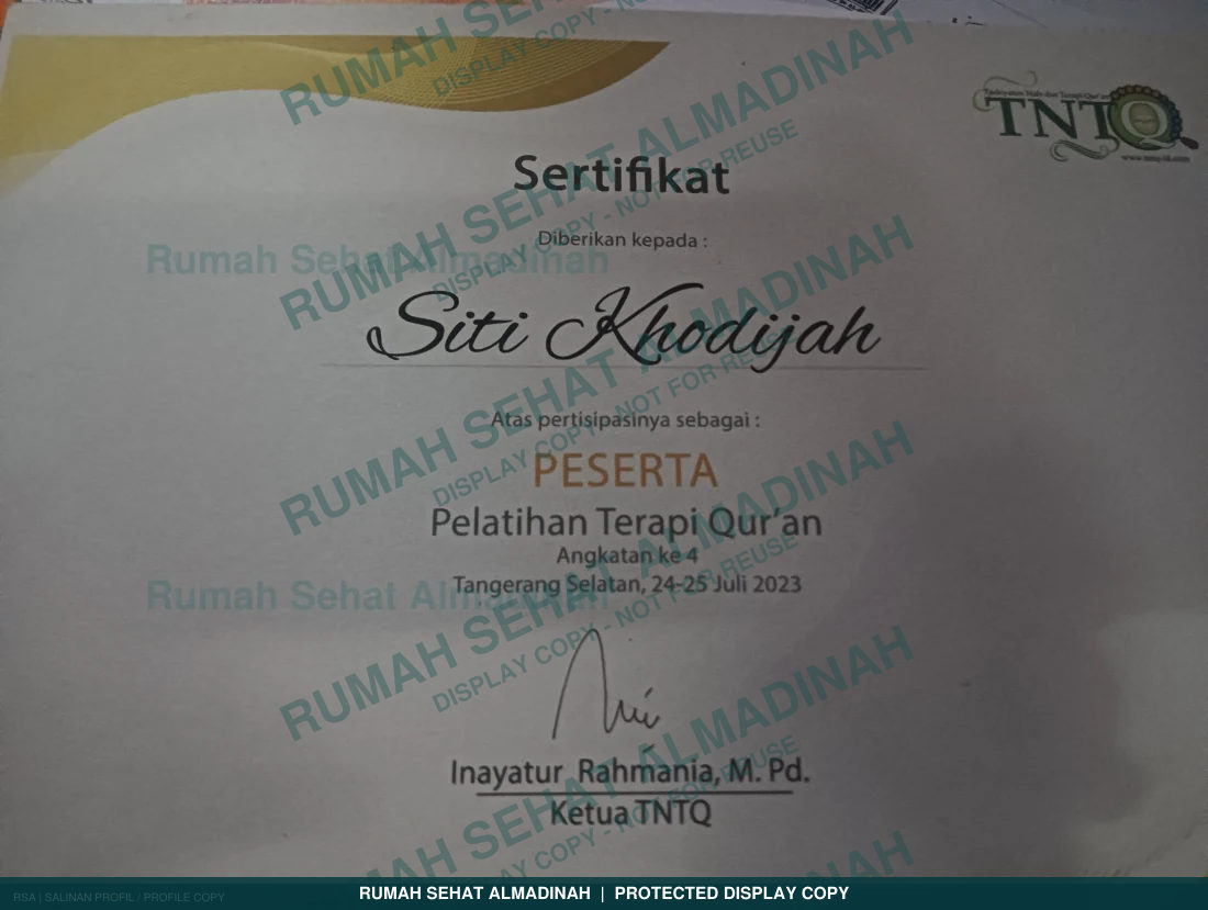 Siti Khodijah — Sertifikat Pelatihan Terapi Qur'an