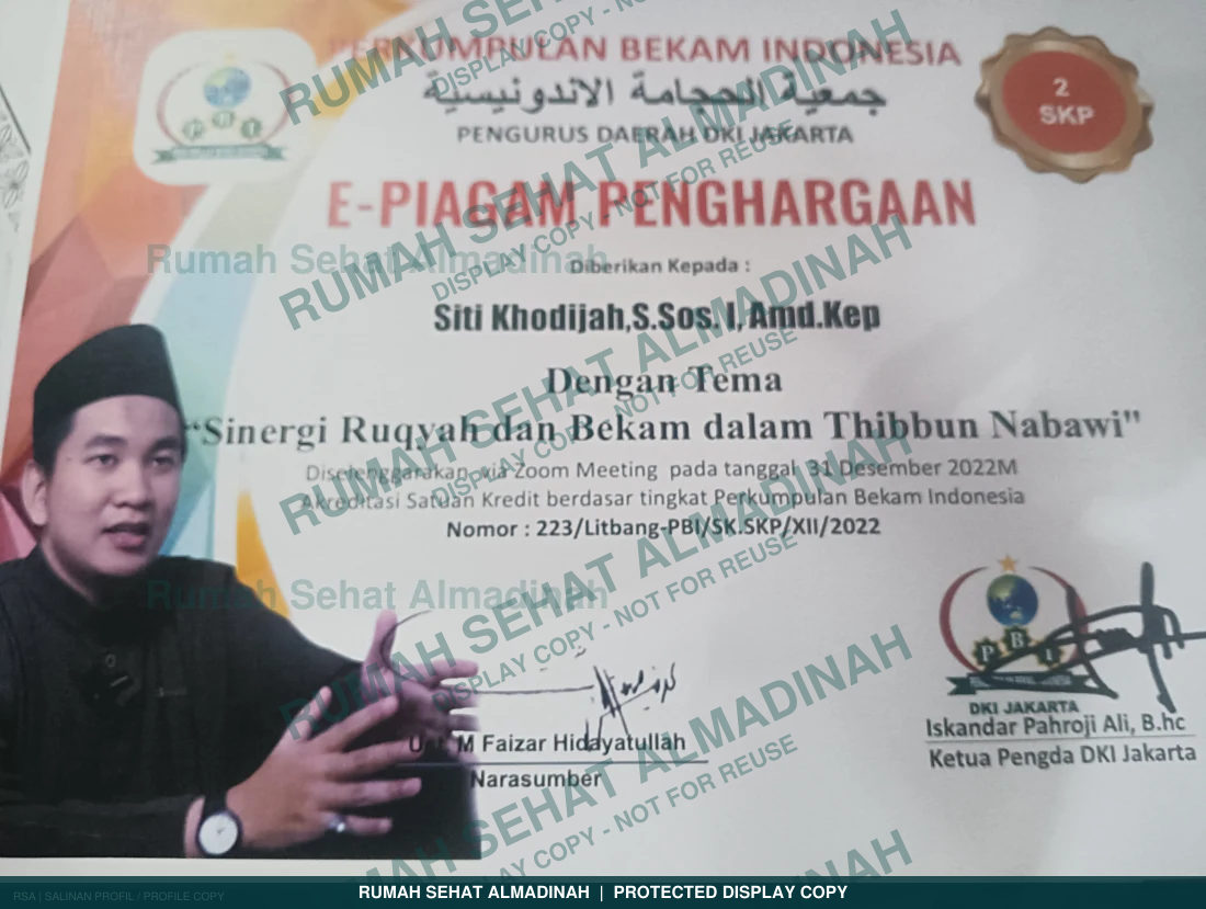 Siti Khodijah — E-Piagam Penghargaan Sinergi Ruqyah dan Bekam dalam Thibbun Nabawi
