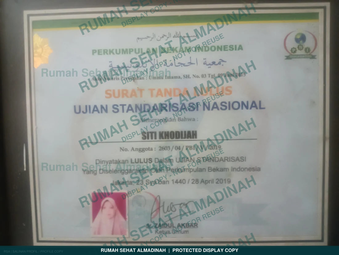 Siti Khodijah — Surat Tanda Lulus Ujian Standarisasi Bekam PBI