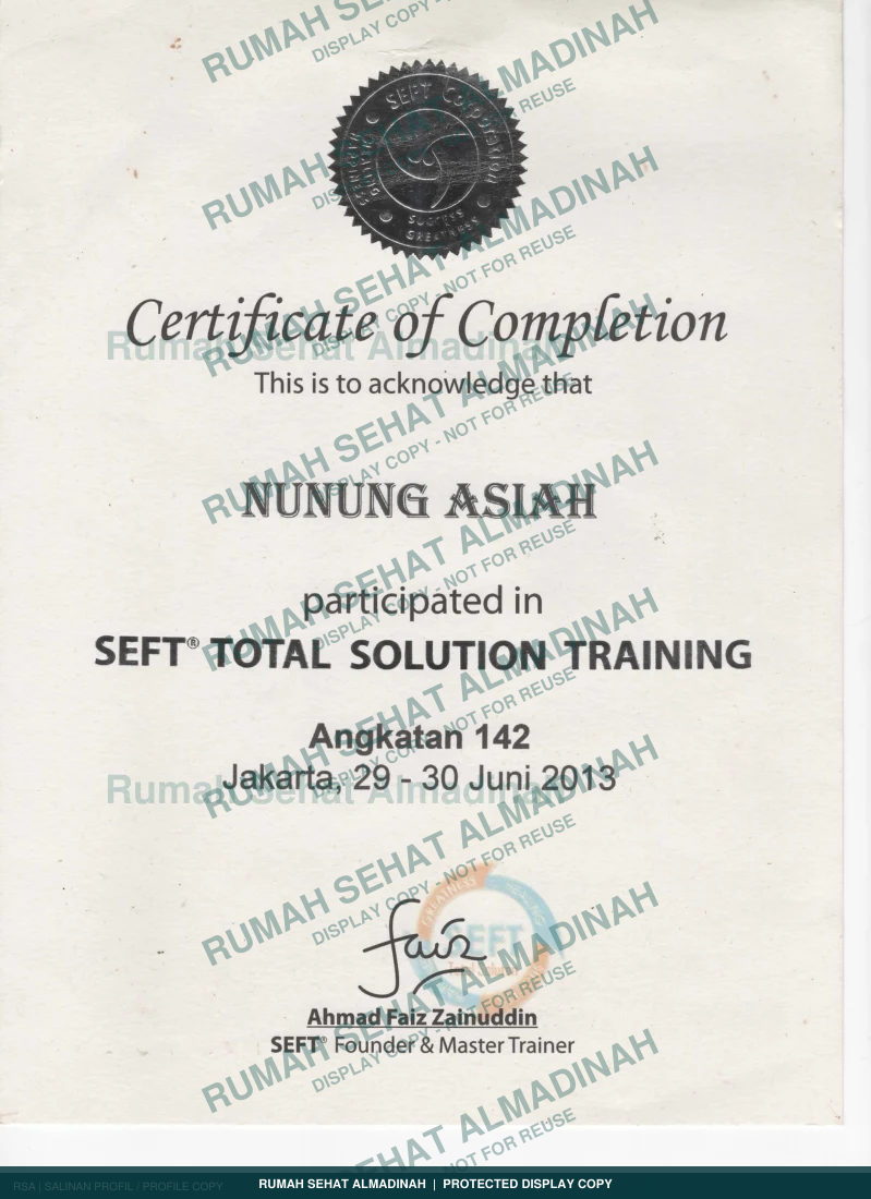 Nunung Asiah — SEFT Total Solution Training — 2013